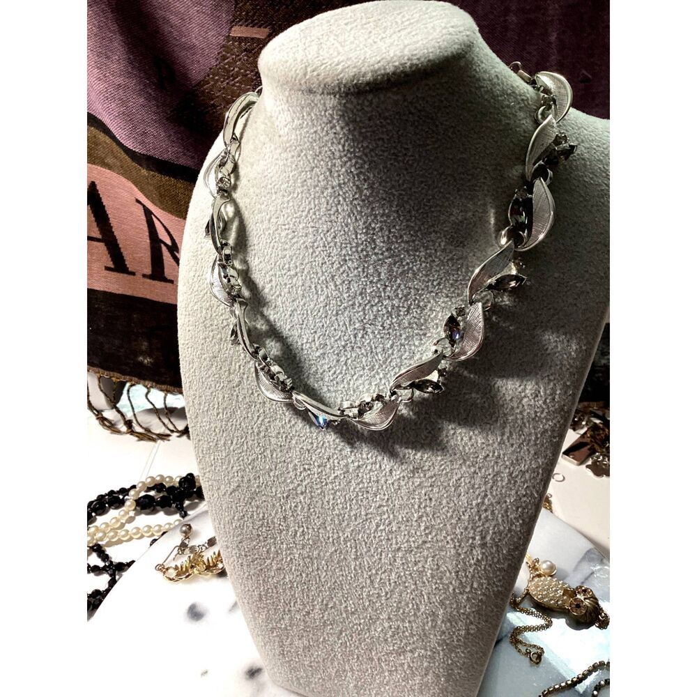 Vintage Lisner Necklace Silver with Smoky Marquis-Cut Crystals